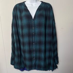 Free People Women Full Button Boho Oversized Teal & Black Plaid Flannel Top Sz M